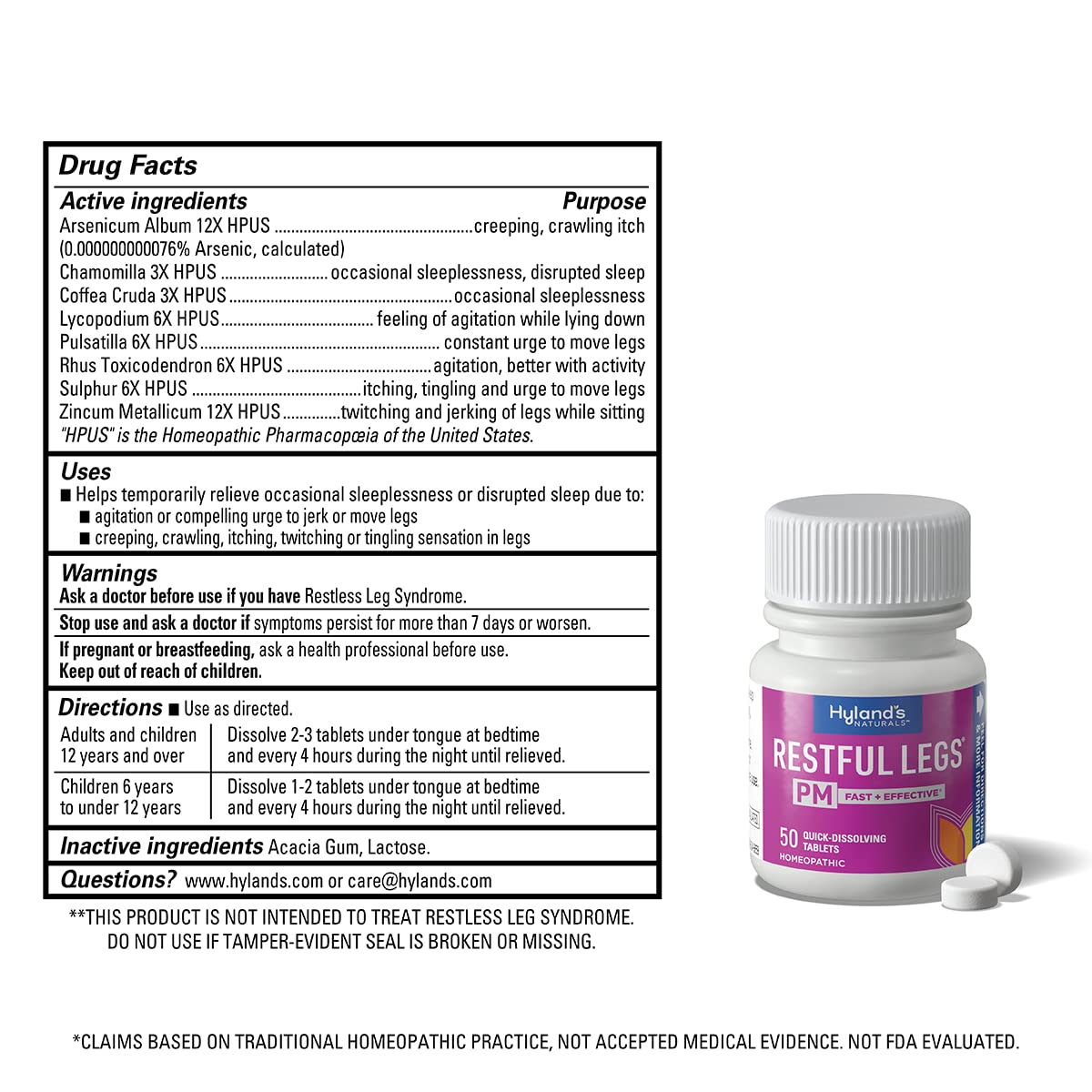 Hyland's Restful Legs PM bottle label highlights quick-dissolving tablets for sleep-ready legs.