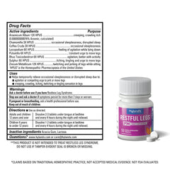 Hyland's Restful Legs PM bottle label highlights quick-dissolving tablets for sleep-ready legs.