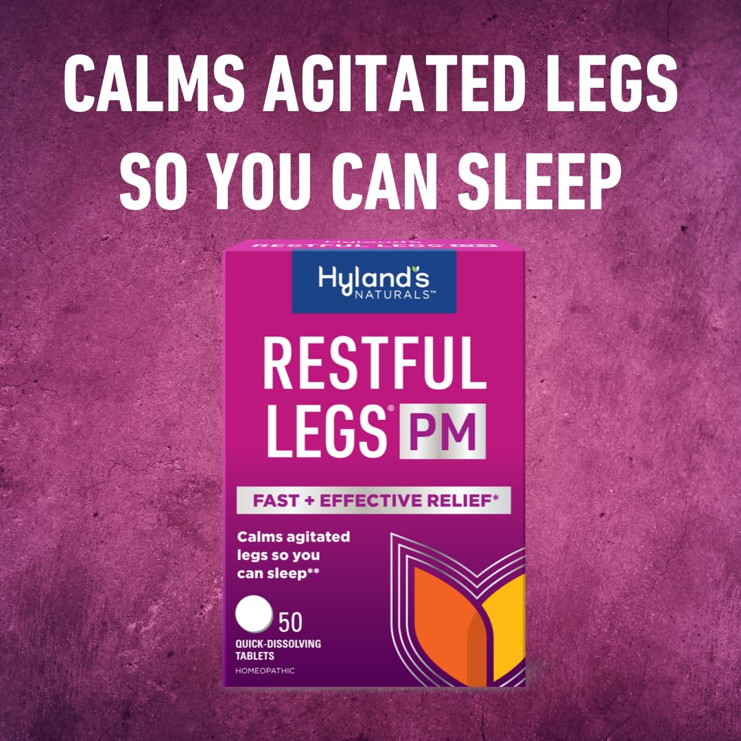 Hyland's Restful Legs PM bottle with tablet dissolving demonstrates fast-acting support.