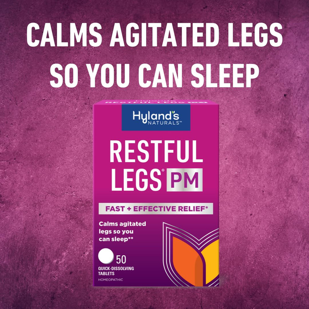 Hyland's Restful Legs PM bottle with tablet dissolving demonstrates fast-acting support.