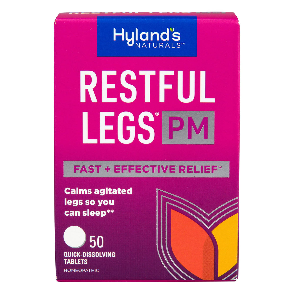 Hyland's Restful Legs PM package shows nighttime calming formula for restless legs.
