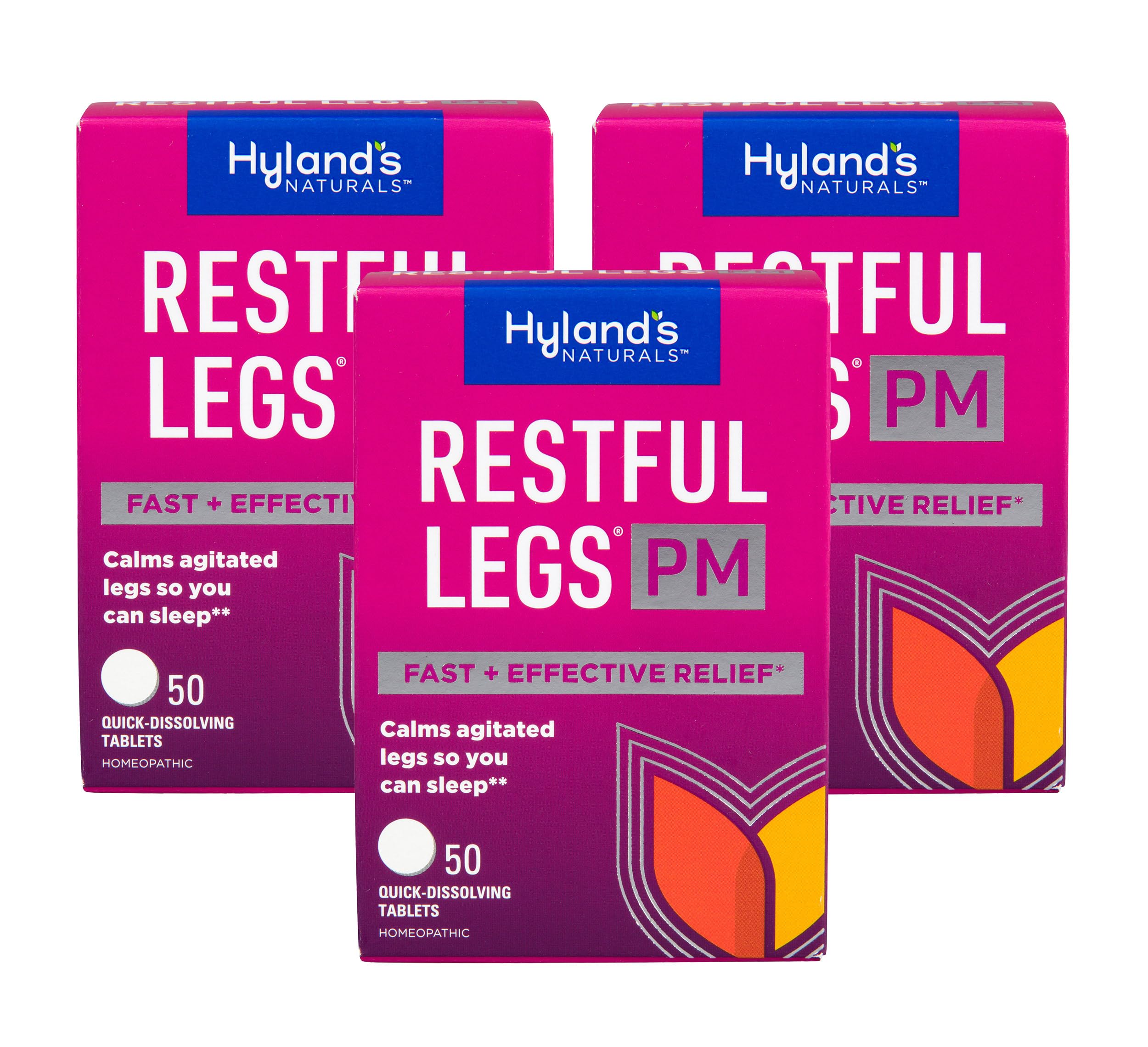 Hyland's Restful Legs PM tablet closeup shows gentle dissolving action for night use.
