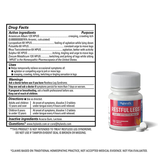 Hyland's Restful Legs tablets dissolving in mouth demonstrate quick relief for leg sensations