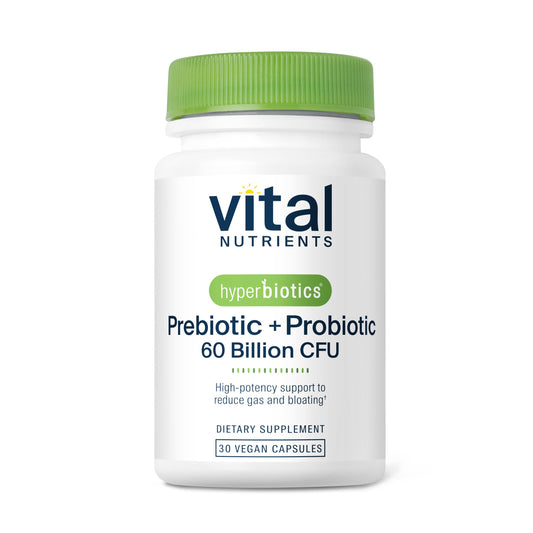 Packaging for Hyperbiotics Vital Nutrients Prebiotic & Probiotic – 60B CFU, 30 vegan capsules