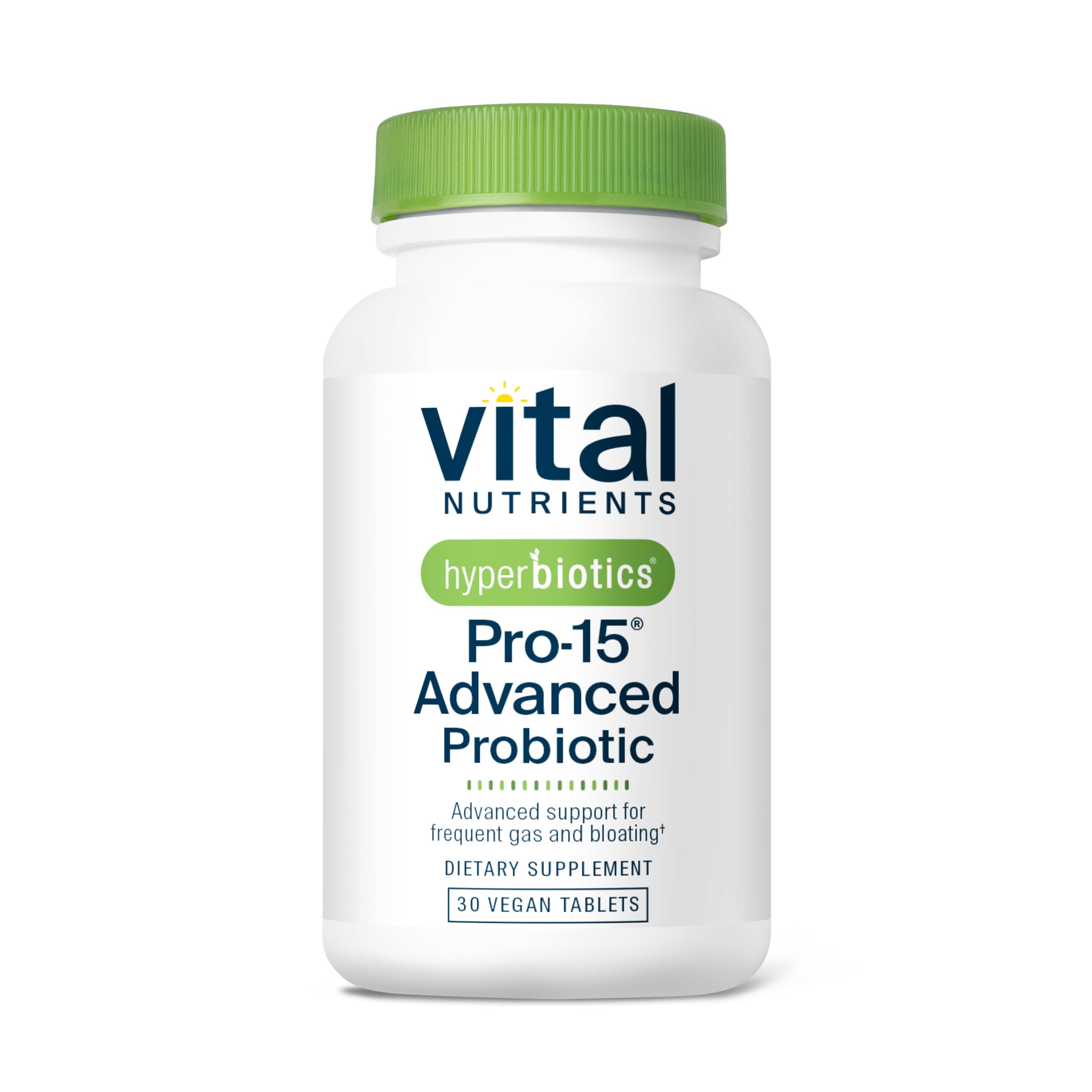 Hyperbiotics Vital Nutrients Pro-15 probiotic bottle with 30 vegan tablets