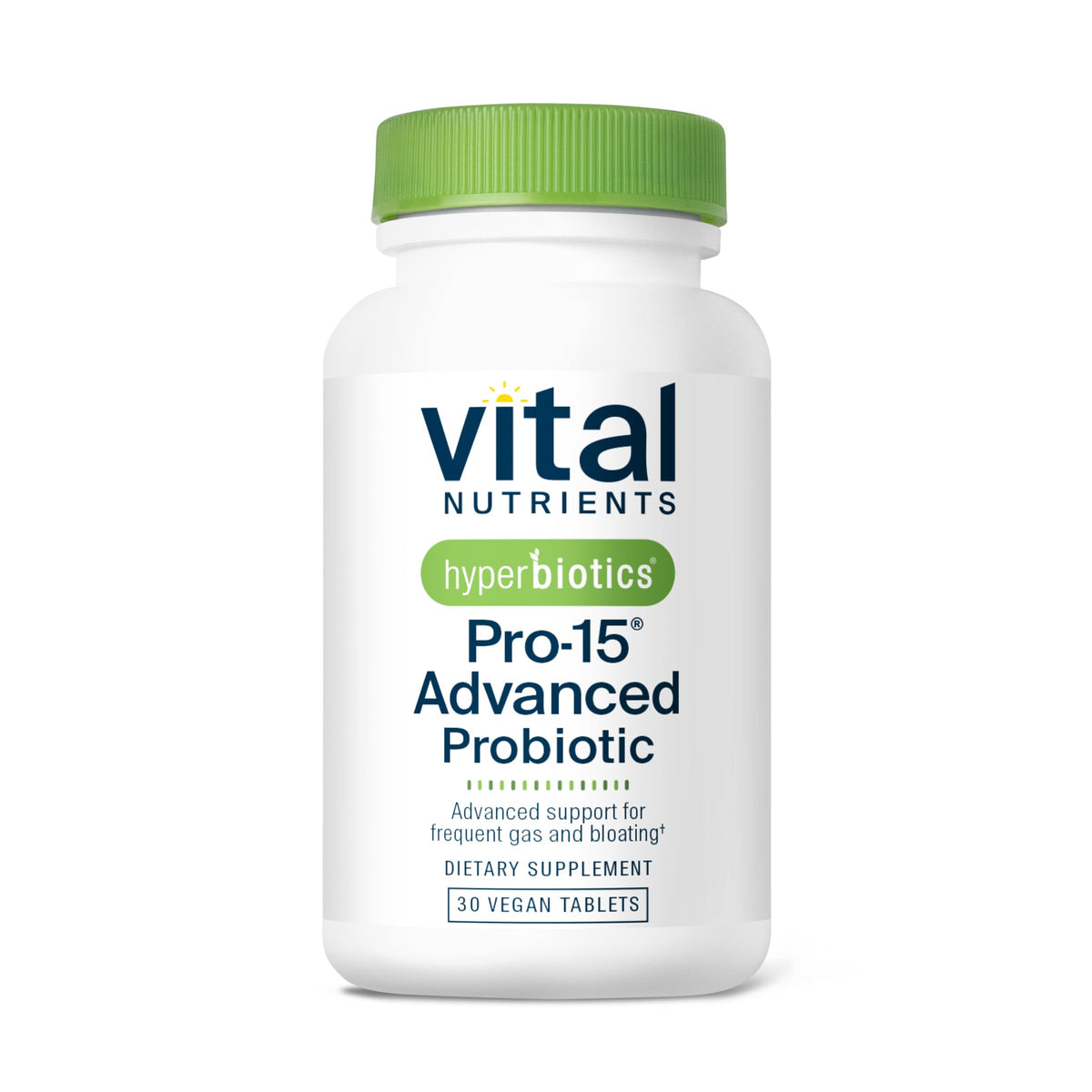 Hyperbiotics Vital Nutrients Pro-15 probiotic bottle with 30 vegan tablets
