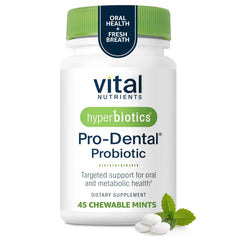 Hyperbiotics Pro Dental probiotic bottle with 45 mint tablets on white background