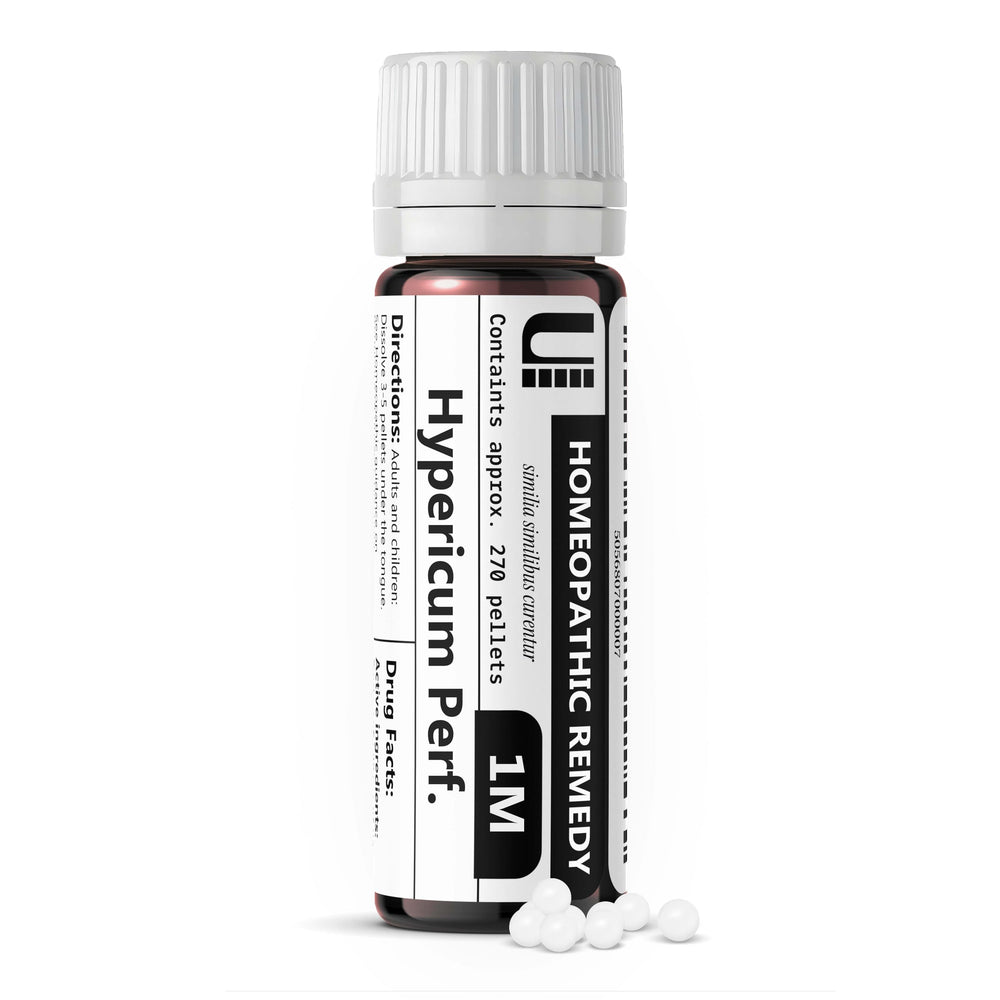 Hypericum perforatum 1M homeopathic remedy bottle with 270 lactose-free pellets