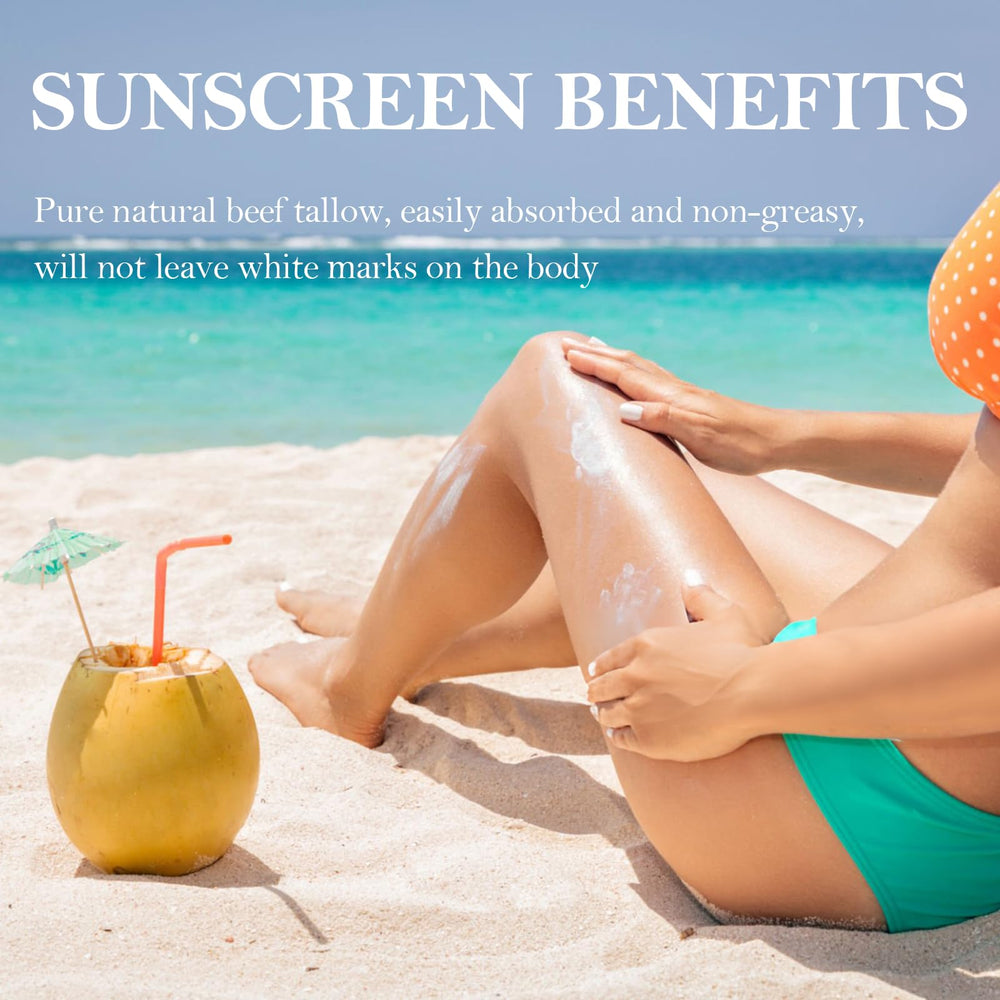 HZENPPOR beef tallow sunscreen at the beach for non-sticky protection.