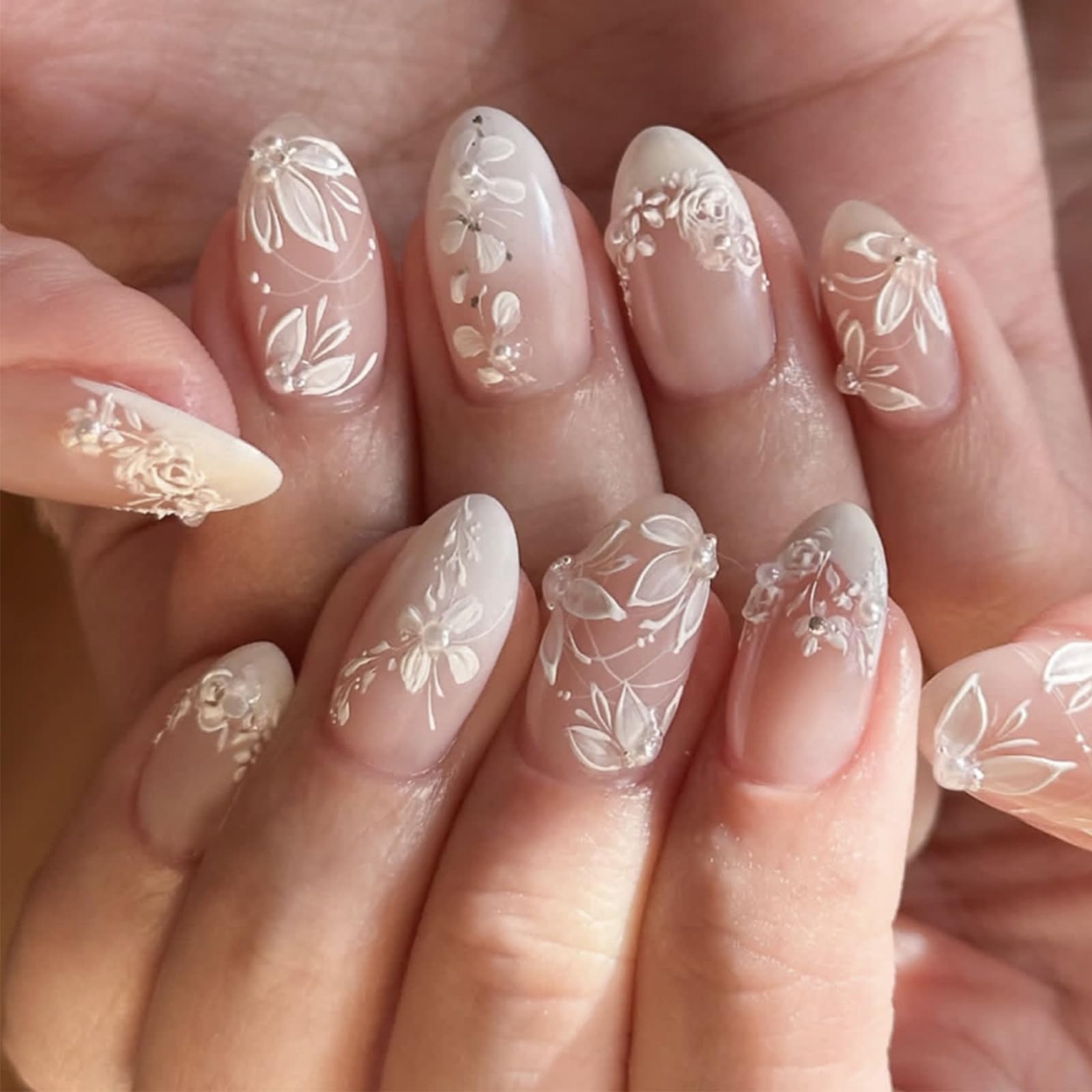 HZJXRT 3D spring flower press-on nails in almond medium for an elegant seasonal manicure