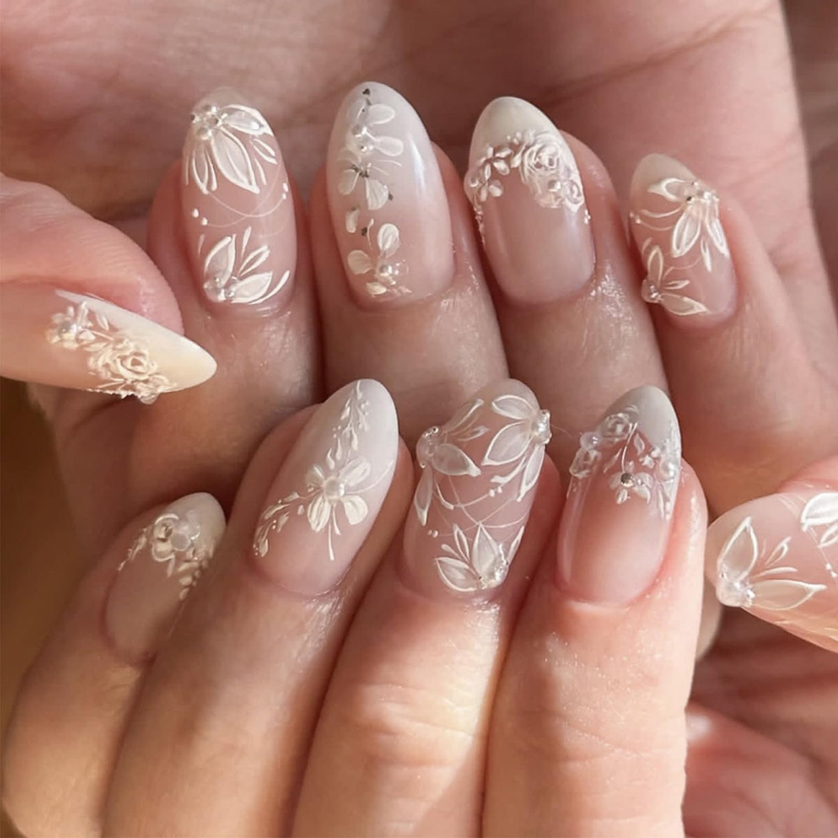 HZJXRT 3D spring flower press-on nails in almond medium for an elegant seasonal manicure