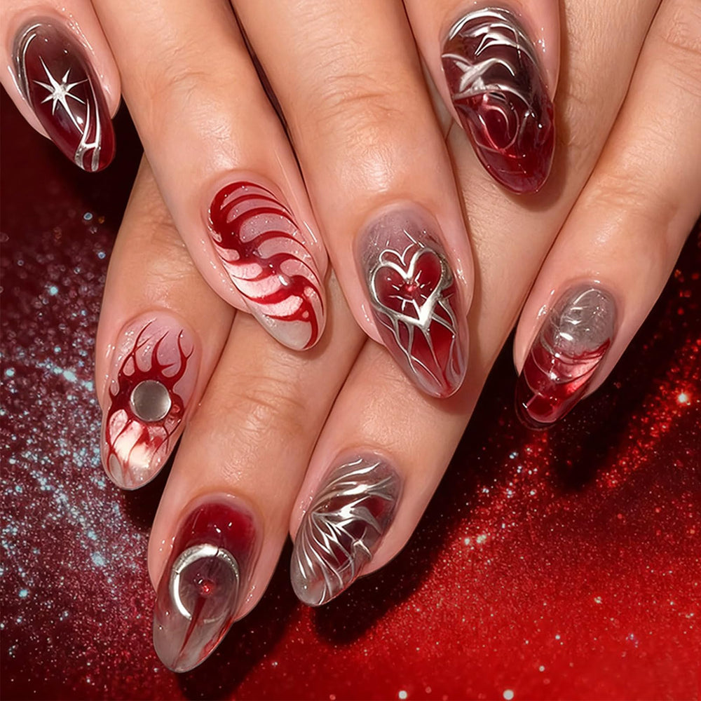 HZJXRT love heart press-on nails in glossy red finish, ideal for Valentine’s Day