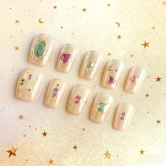 HZJXRT Purple Love Heart short square nails with glossy finish for romantic style