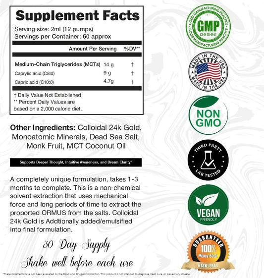 Back label of I Am Joy Co. Ormus Gold Oil 4oz bottle