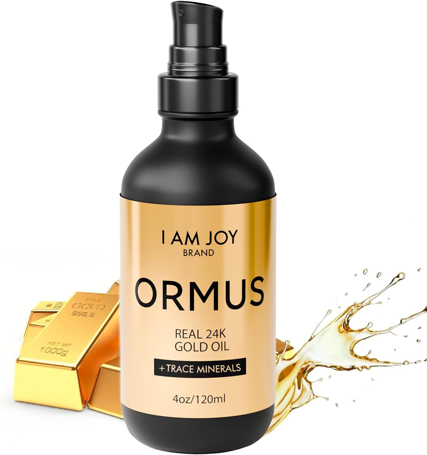 I Am Joy Co. Ormus Gold Oil bottle front view shows premium packaging and authenticity.
