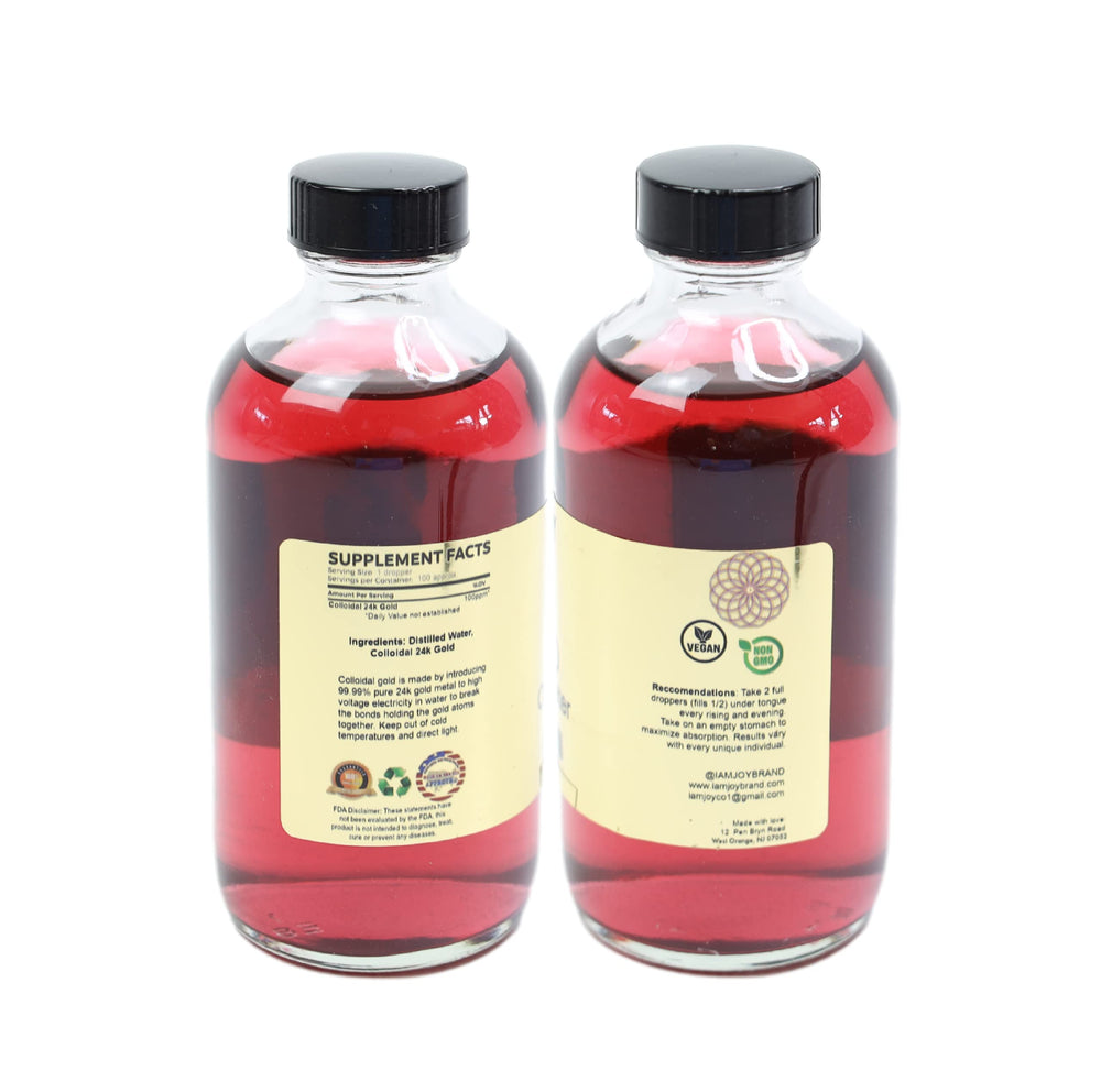 Front view of 8oz glass bottle labeled I Am Joy colloidal gold