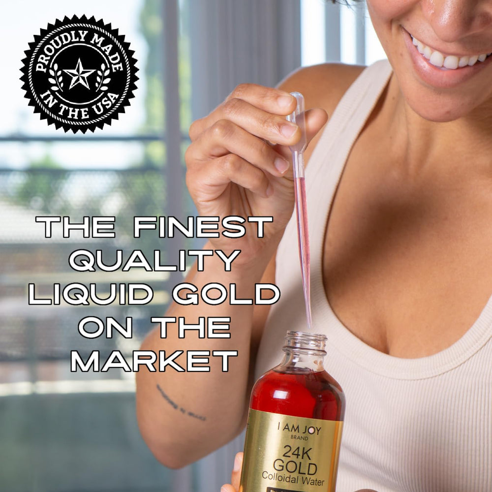Aloe vera and chamomile ingredients depicted next to I Am Joy colloidal gold