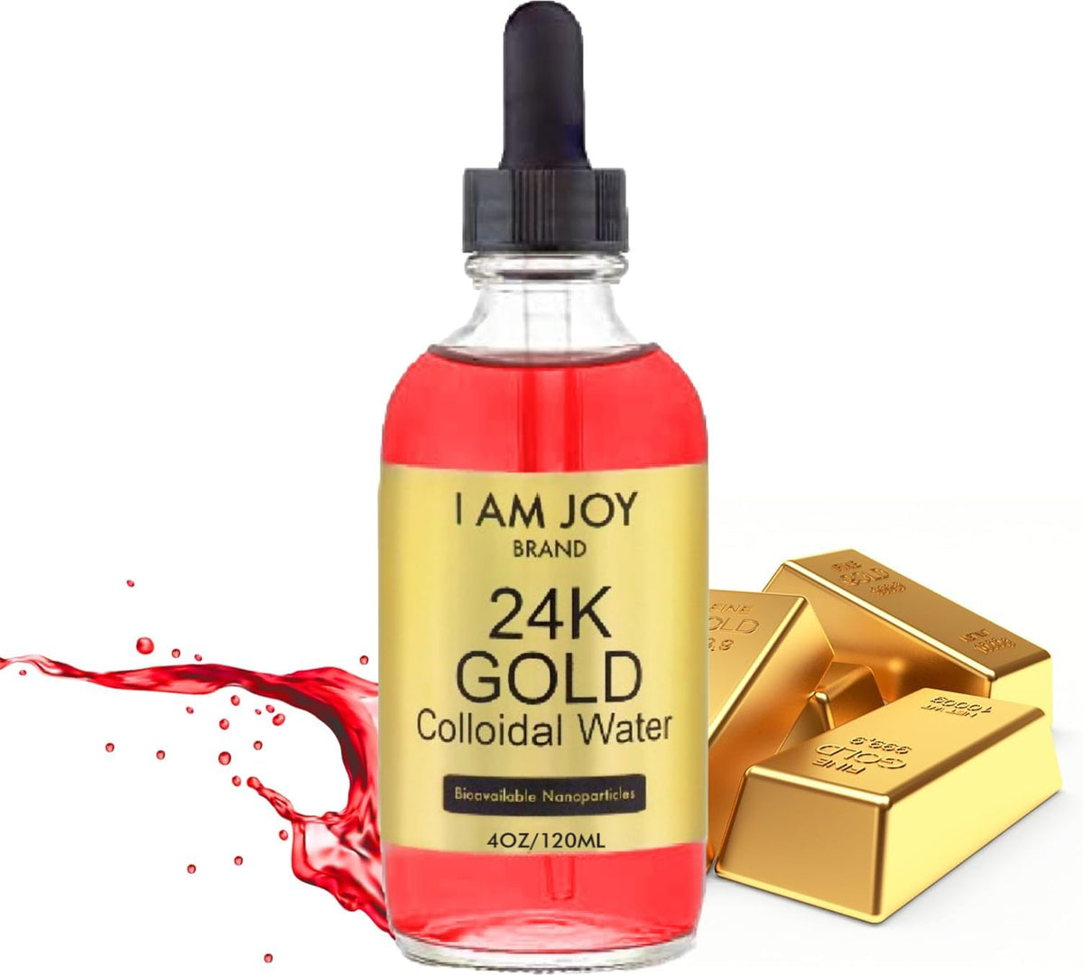 I Am Joy Liquid Colloidal Gold 24K 99.99% Pure - Ruby Red, 4oz glass bottle