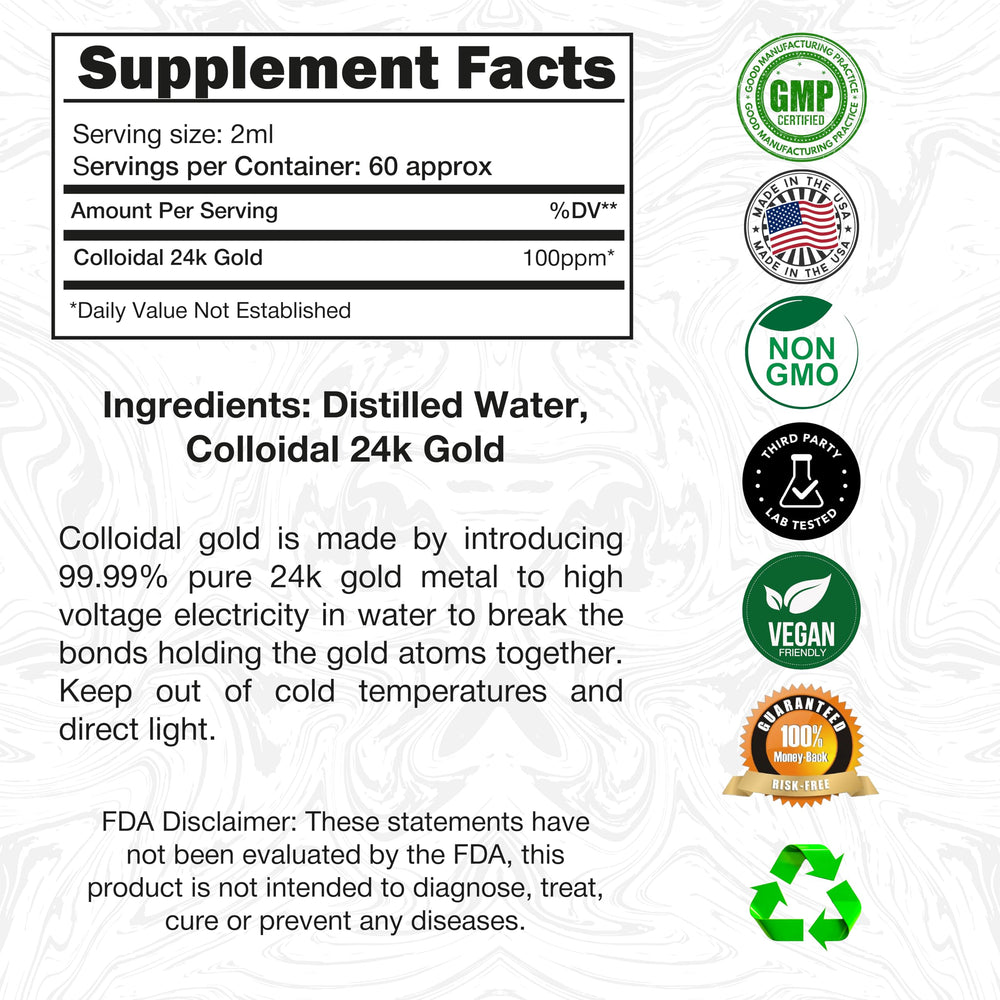 Close-up of label showing 24K gold, 100ppm, 99.99% pure