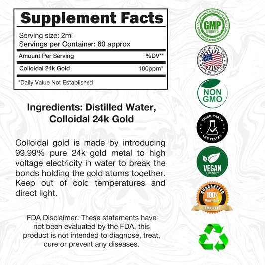 Close-up of label showing 24K gold, 100ppm, 99.99% pure