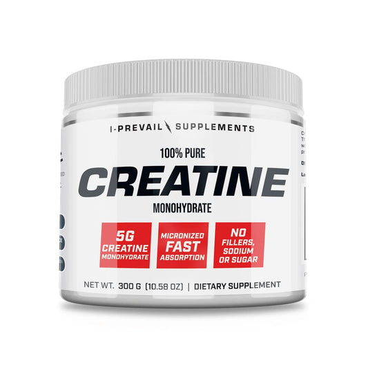 Front view of I-Prevail 100% Pure Creatine Monohydrate Powder canister