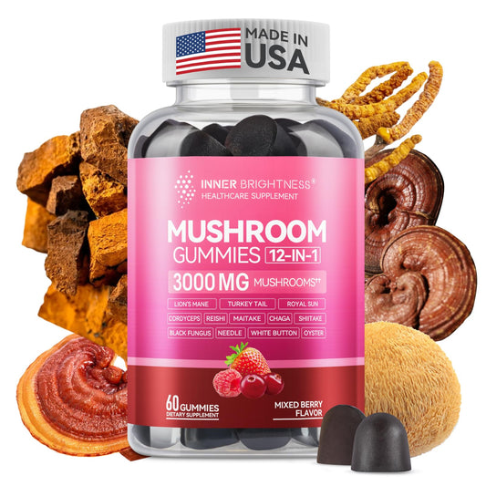 Inner Brightness 12-in-1 Mushroom Gummies bottle with Mixed Berry flavor