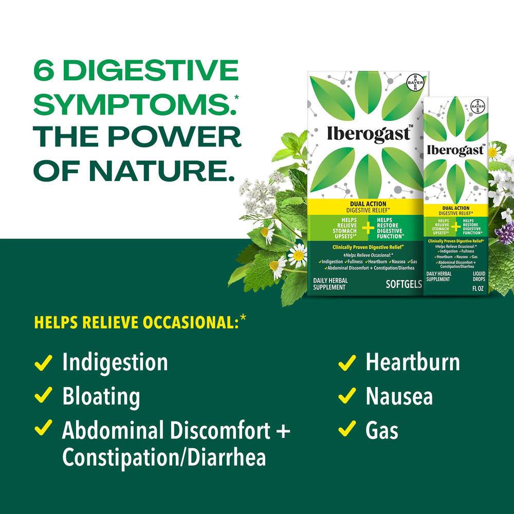 Iberogast softgels bottle closeup highlights the herbal blend for gut comfort.