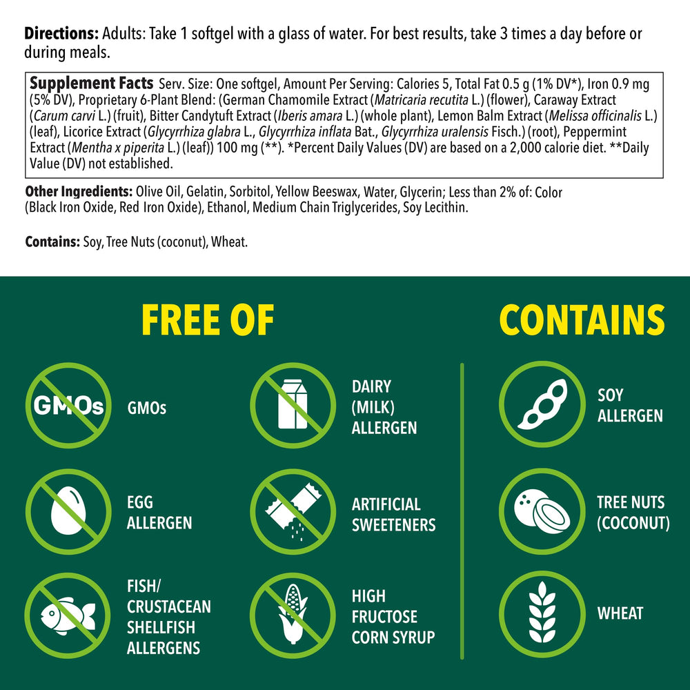 Iberogast softgels digestive-relief visual emphasizes the 6-herb blend for calm gut.