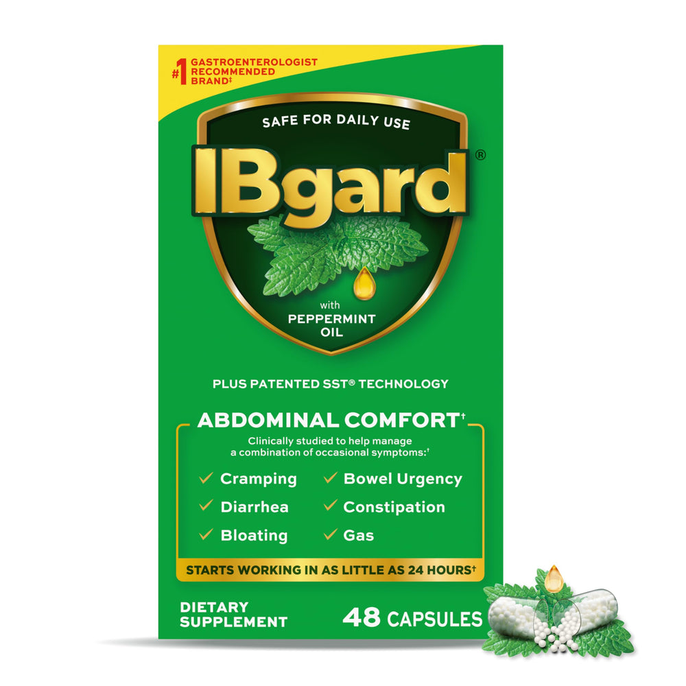 IBgard bottle close-up showing peppermint oil capsules for daily gut comfort and balance.