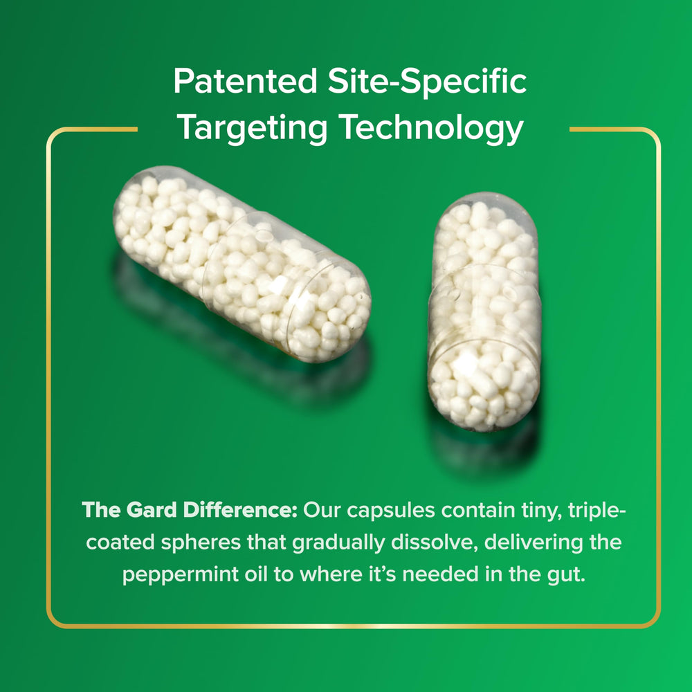 IBgard bottle pour demonstrating quick-access capsules for on-the-go gut health.