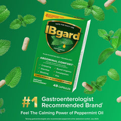 IBgard label detail highlighting ultrapure peppermint oil for digestion and comfort.