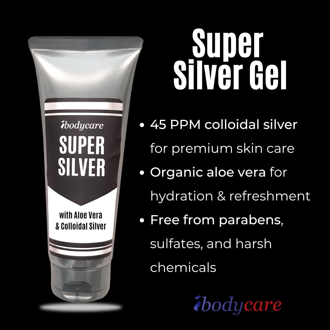 Aloe vera leaves beside ibodycare Super Silver Gel