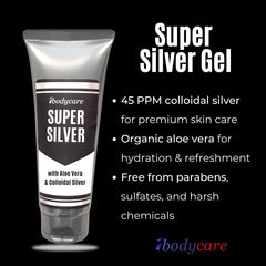 Aloe vera leaves beside ibodycare Super Silver Gel
