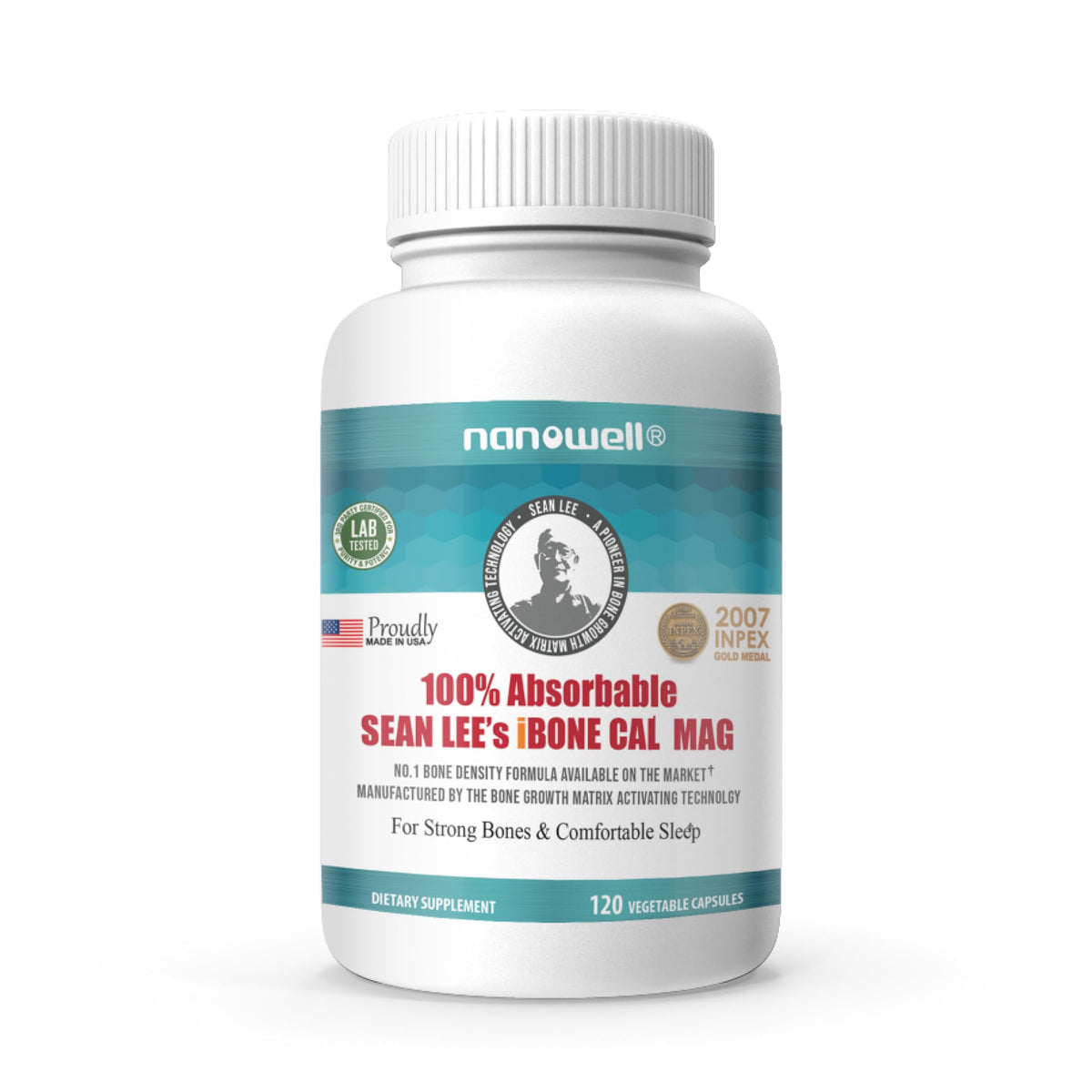 Bottle of NANOWELL iBone Cal Mag calcium and magnesium supplement