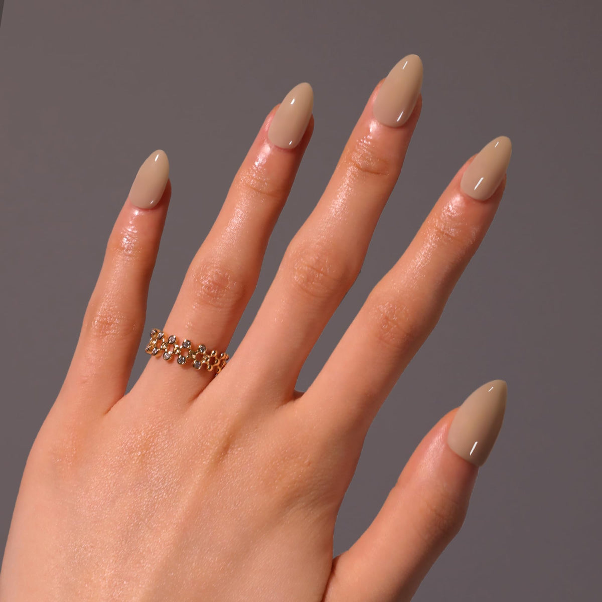 Icebobo press on nails in short almond shape, light brown, ready for a fast manicure.