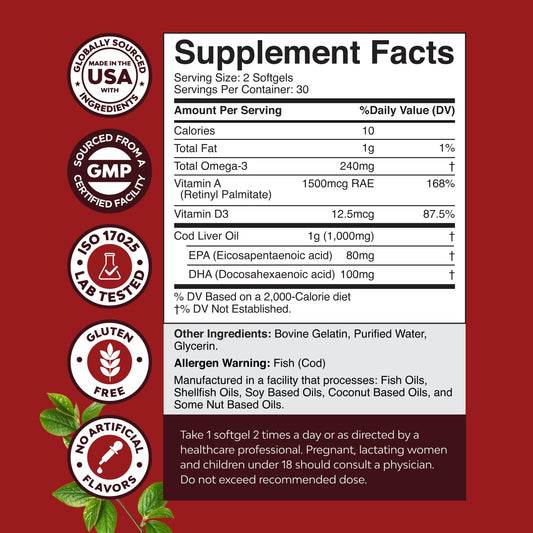 Back label showing supplement facts on cod liver oil softgels