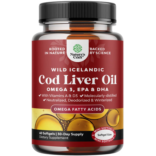 Front view of Icelandic wild-caught cod liver oil softgels bottle