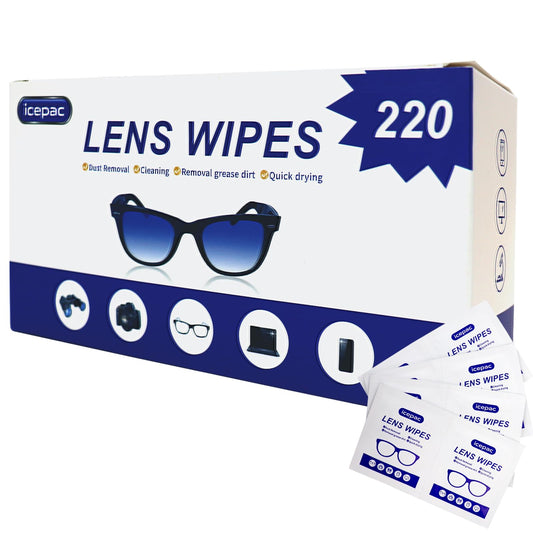 Icepac Lens Wipes single-use packet in pocket