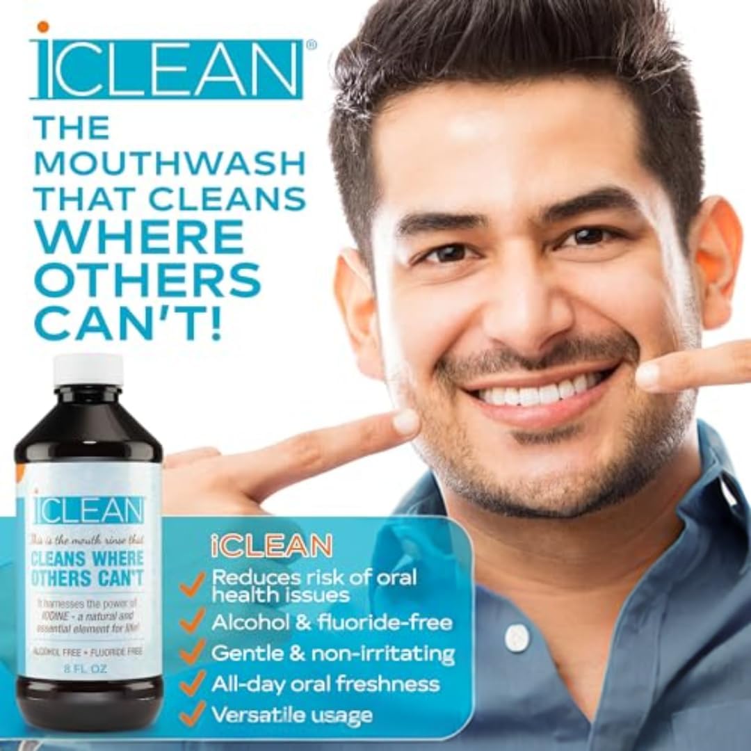 iCLEAN Mouthwash bottle on bathroom counter