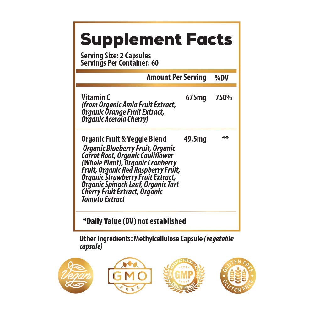 Close-up of 675mg organic Vitamin C from acerola and oranges