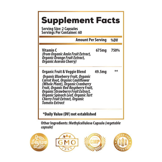 Close-up of 675mg organic Vitamin C from acerola and oranges