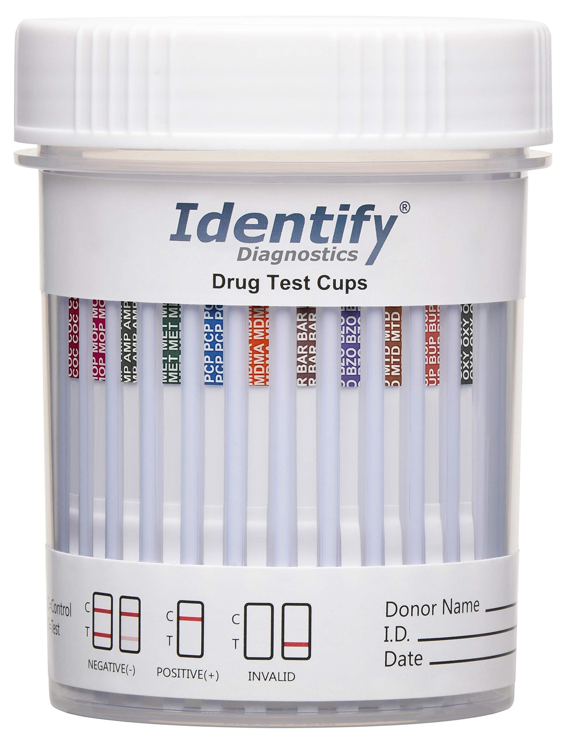 Front view of Identify Diagnostics 12-Panel Drug Test Cups 5-Pack