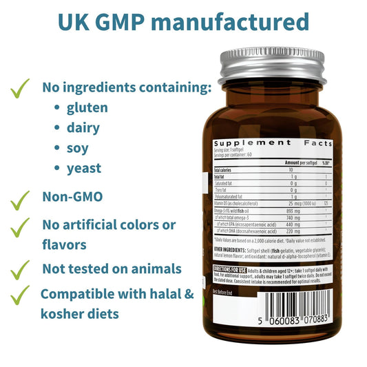 Close-up of omega-3 softgels showing 660 mg EPA & DHA per softgel