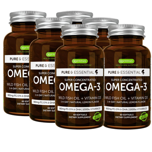 Product front view: Igennus Advanced rTG Omega-3 bottle