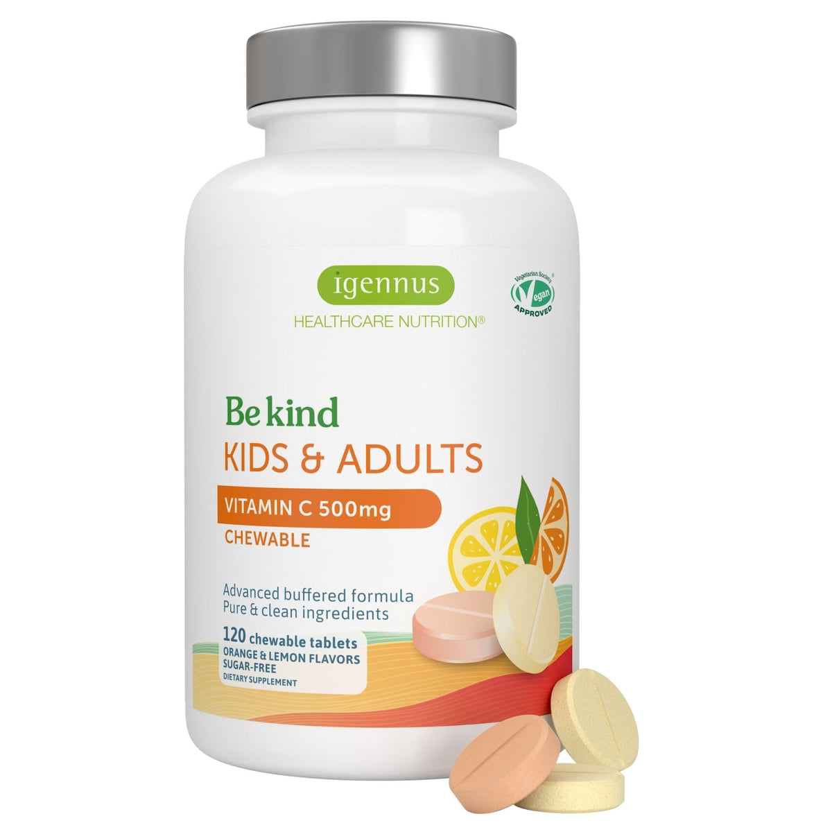 Front of Igennus Gentle Buffered Vitamin C Chewable 500mg packaging