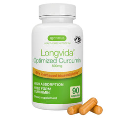 Front view of Igennus Longvida Curcumin 500mg 90-capsule bottle