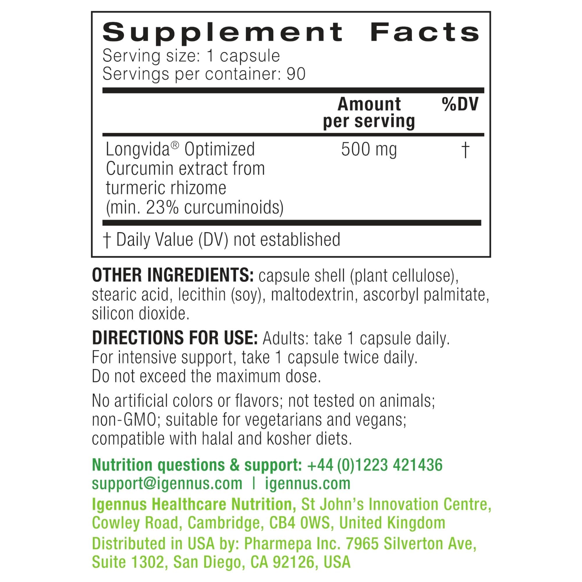Ingredients panel for Igennus Longvida Curcumin 500mg