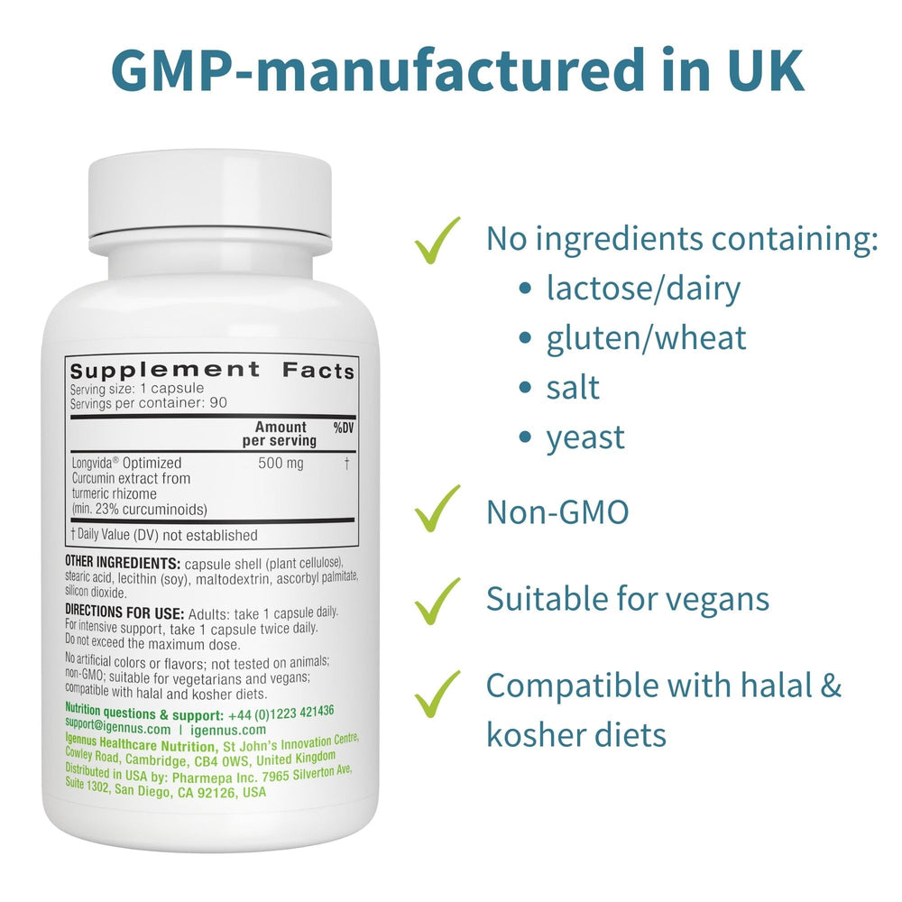 Vegan and non-GMO certification icons for Igennus Longvida Curcumin 500mg
