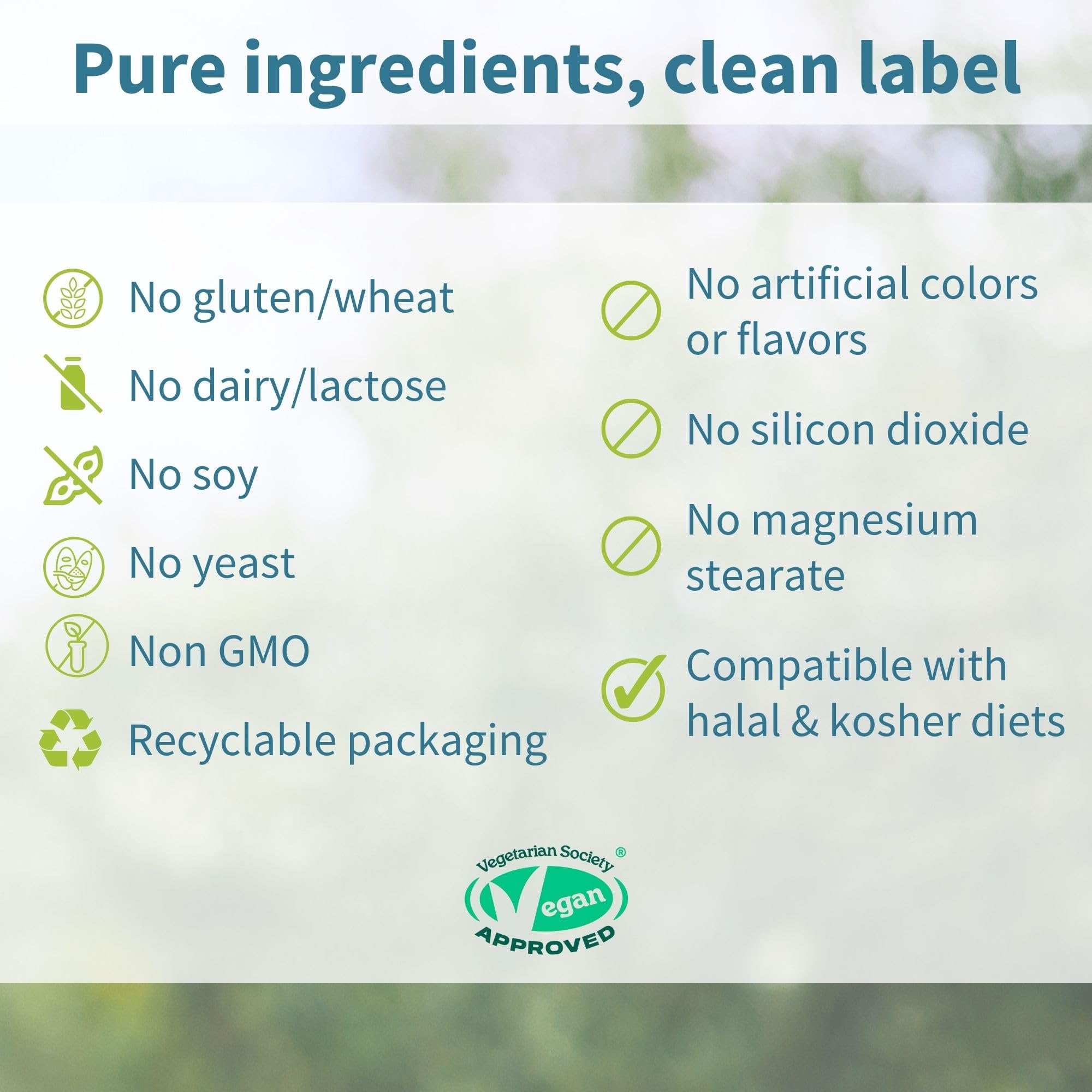 Label highlighting UK GMP manufactured and halal/vegetarian attributes