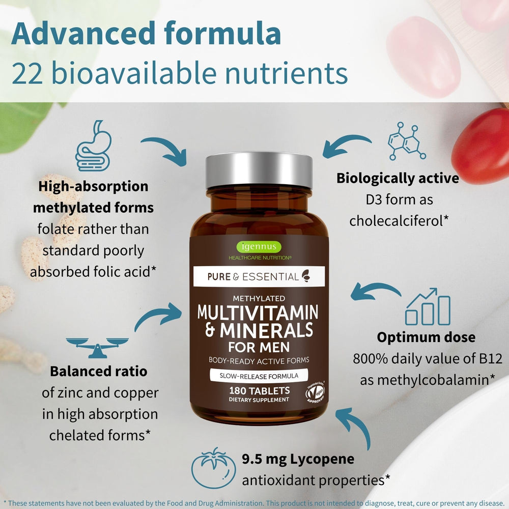 Igennus Methylated Men's Multivitamin tablets close-up shows easy-to-swallow oval form